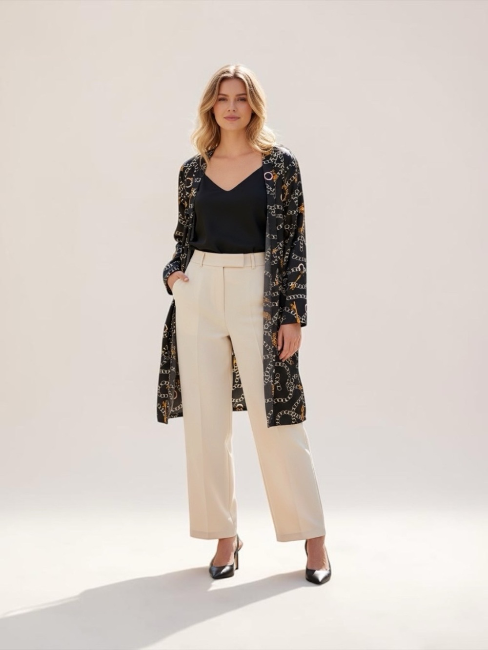 LOVEOWN, Chain Print Longline Kimono Cardigan Black Gold, Size US 6